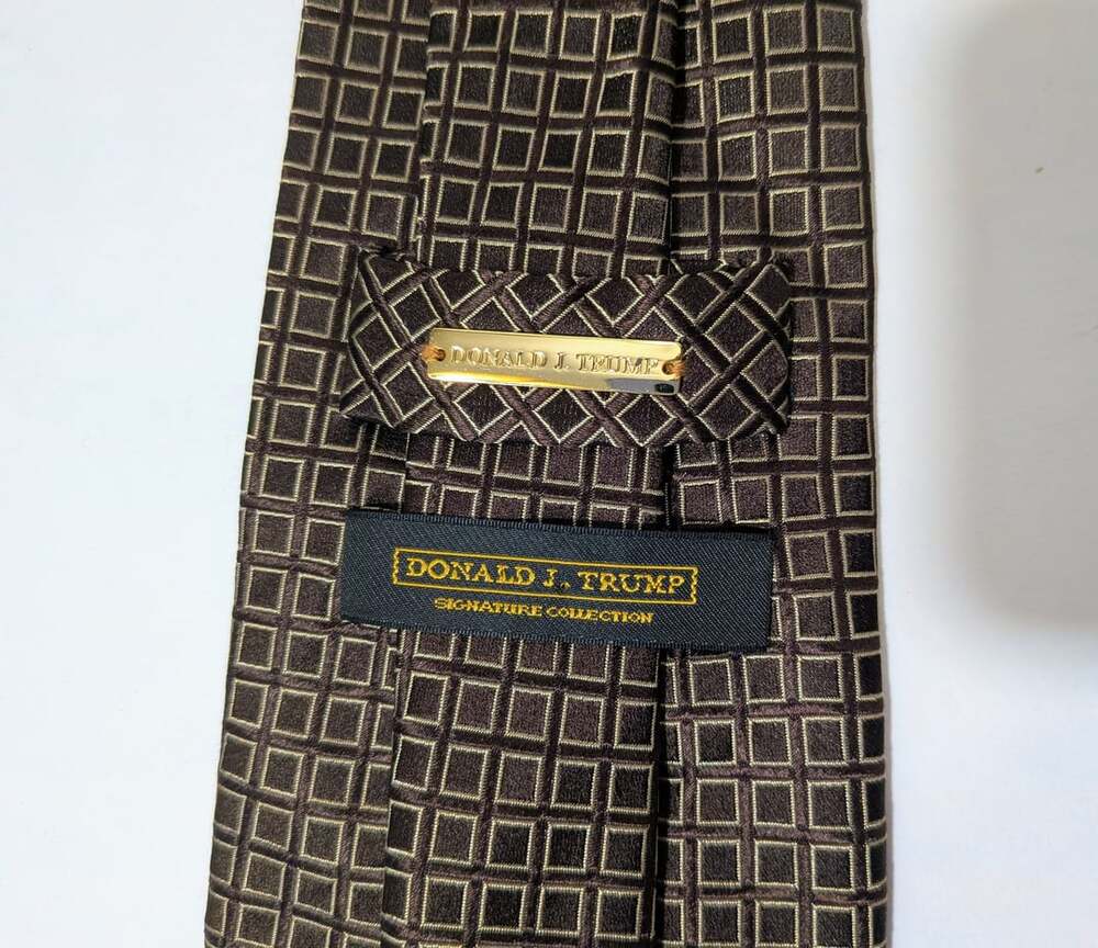 Donald J Trump Silk Necktie Signature Collection Brown and Gold Geometric Square